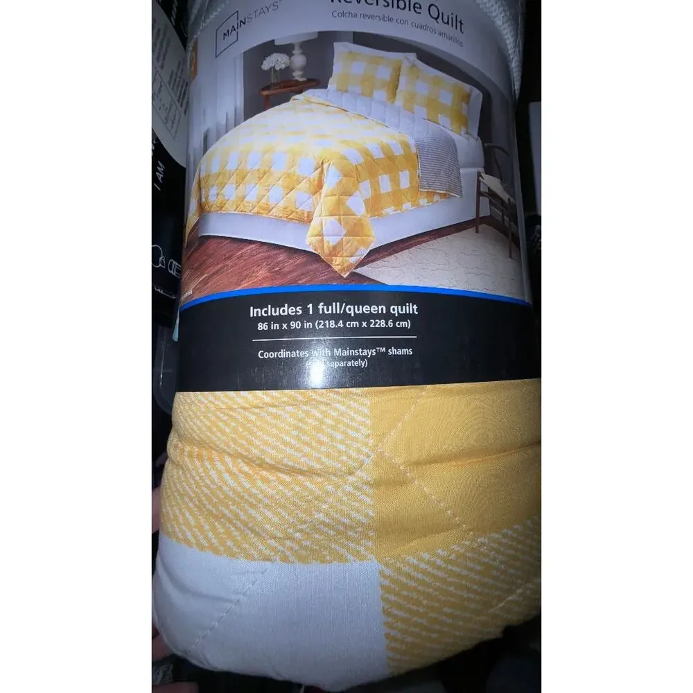 Mainstays Check Yellow Gingham Polyester Quilt  Full/Queen  Reversible